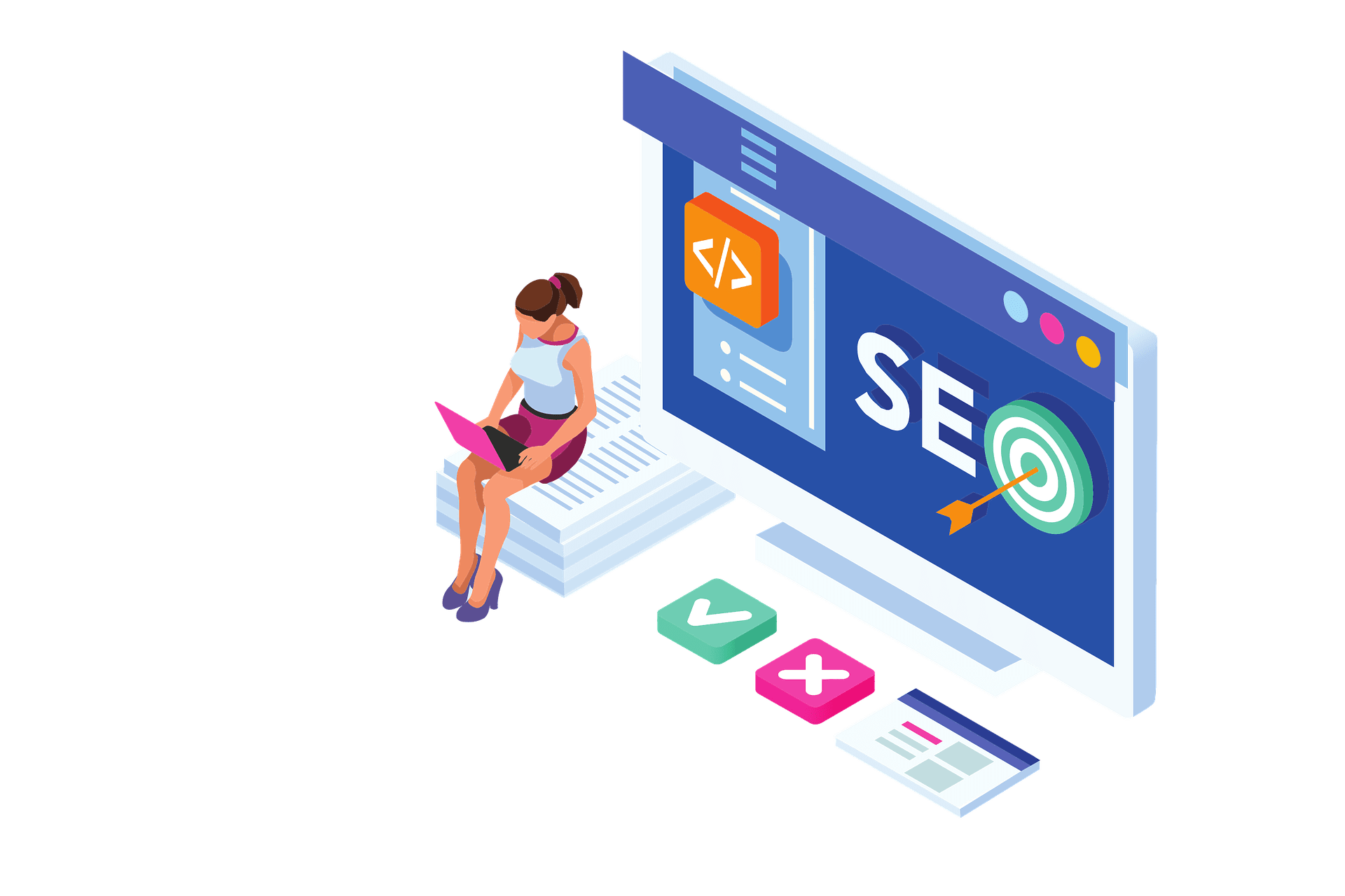 Graphic of a woman on a computer with SEO in the background.