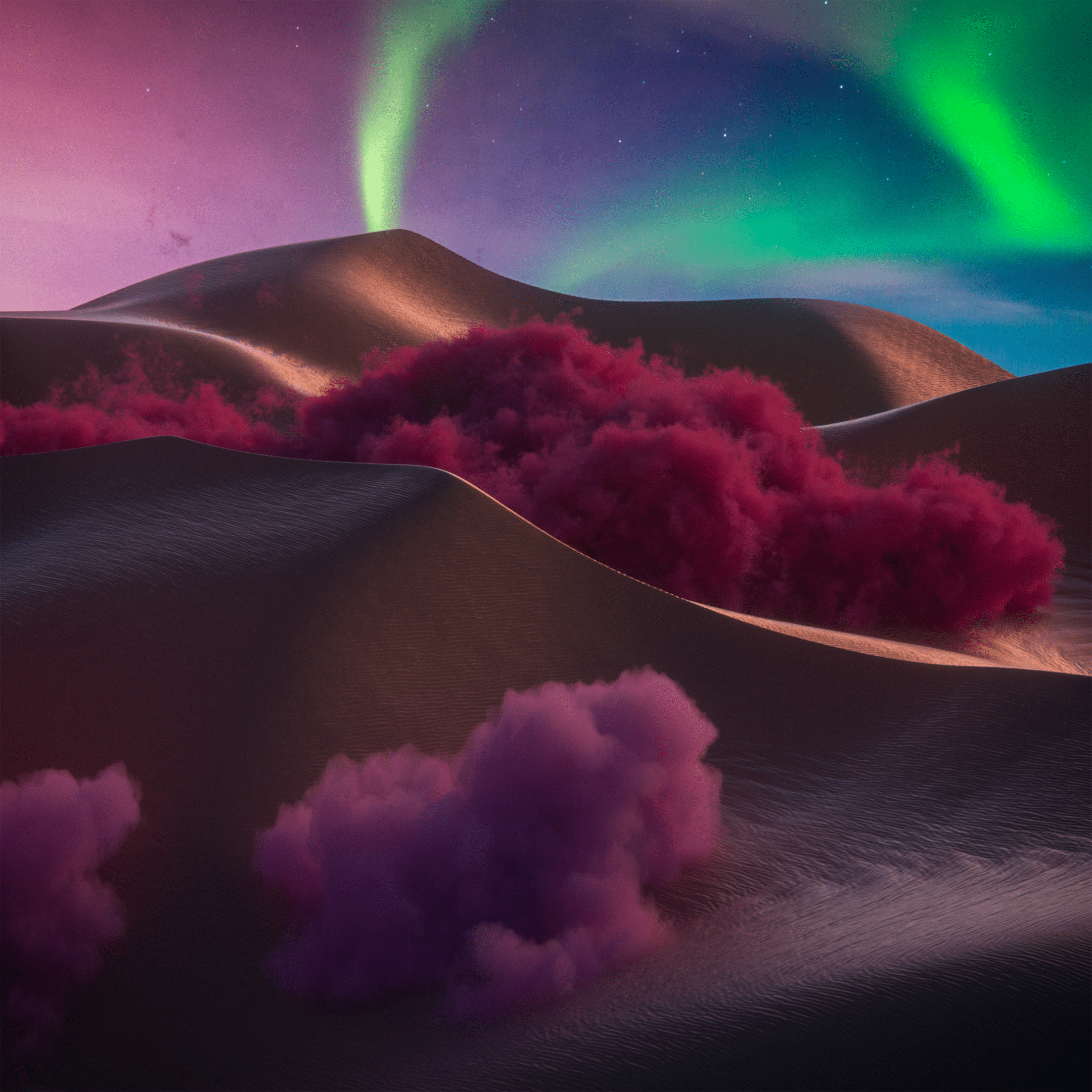 Digital artwork of rolling hills and pink clouds with Aurora borealis.