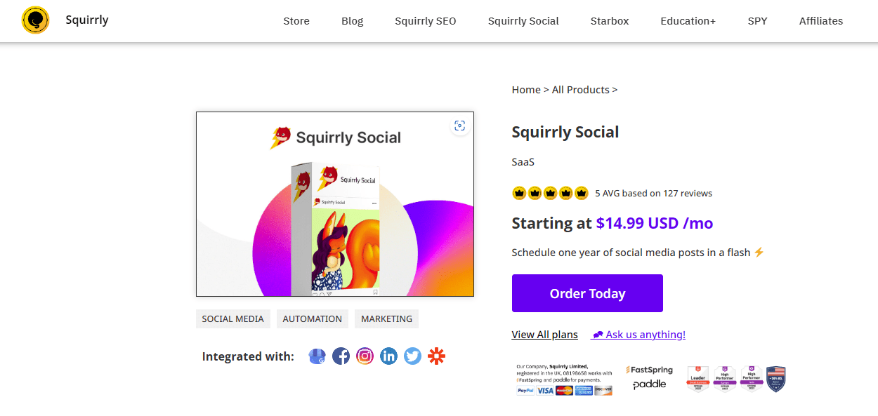 Squirrly Social main website page 