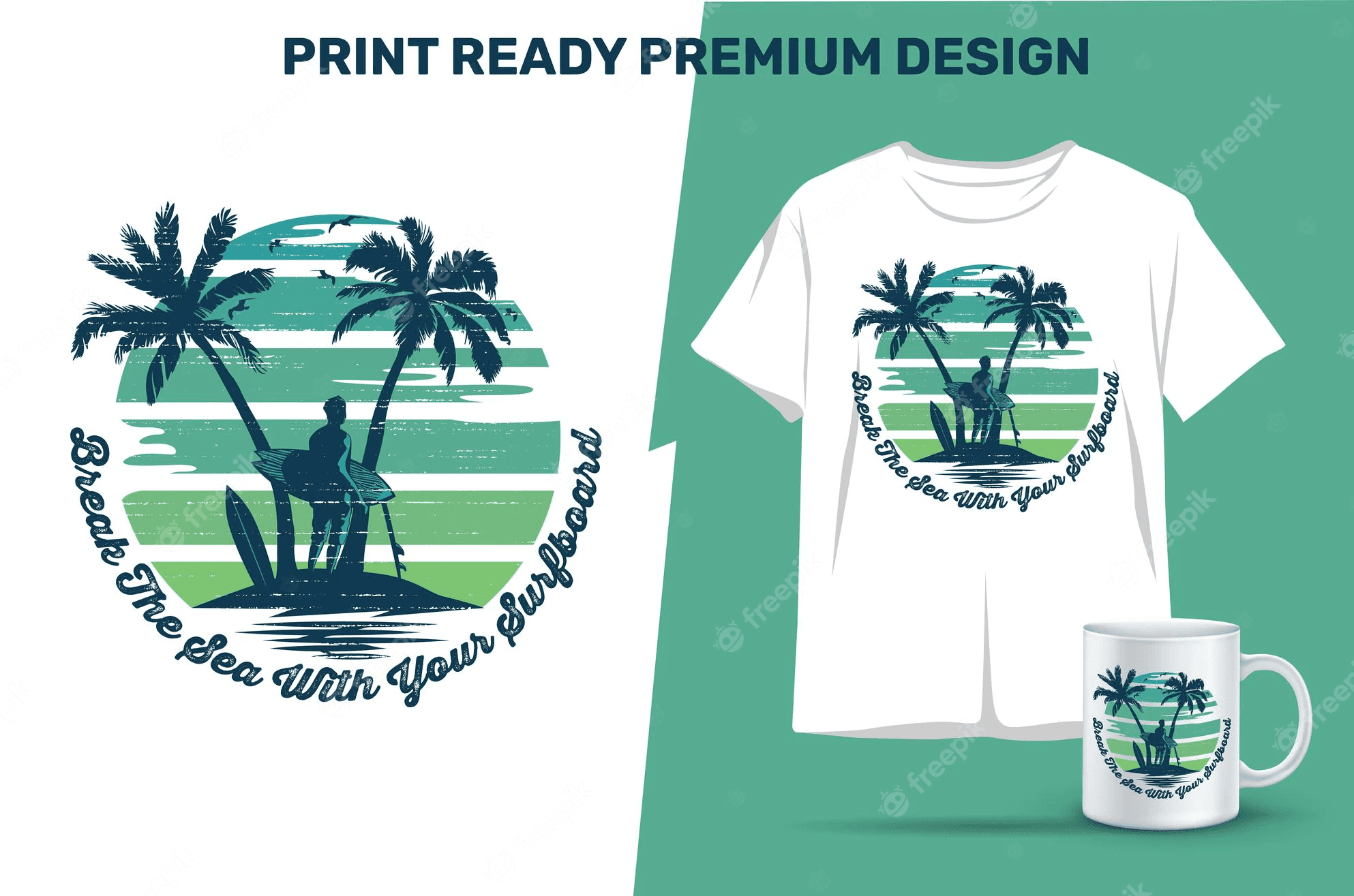 T-shirt and mug with a logo of 2 palm trees with a man holding a surfboard