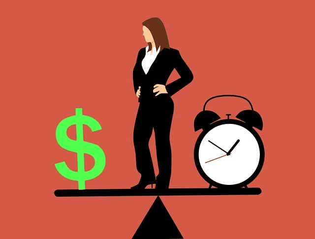 businesswoman, balancing, time and money