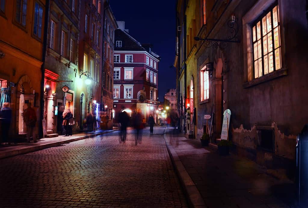 Busy cobbled street in a town or city